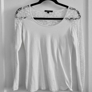 White Long Sleeve Stretch Top with Lace